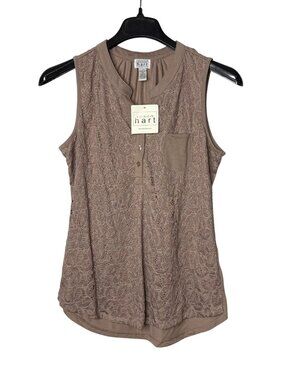 Keren Hart Sleeveless Blouse Top Size L Lace Front Pocket Vintage Y2K Taupe New